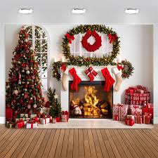 Julig Fotobakgrund med Gran och Öppen Spis 2