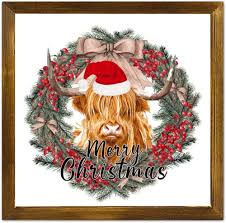 God Jul Träskylt med Highland Cow